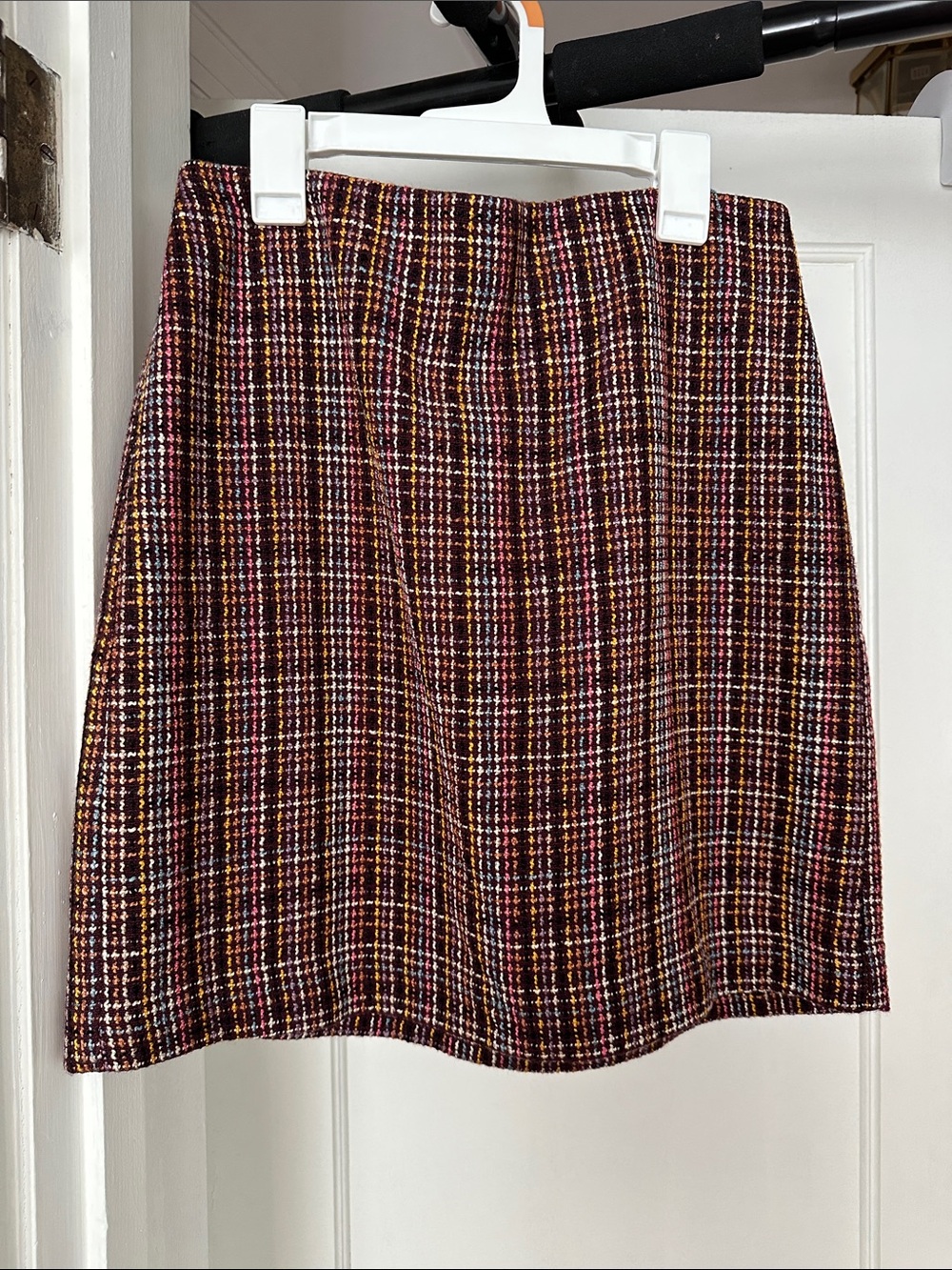 LOFT Burgundy Plaid Tweed Mini Skirt with Gold and Cream Threads